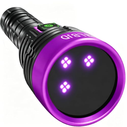 LBJD Blacklight UV Flashlight Tri-Core 365nm Woods lamp High Power Rechargeable Black Light with Filter - Detector for Pet Urine & Leak Searching Rocks/Scorpion Resin Curing Yooperlite