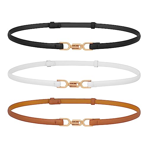 3 Pack Women's Skinny Genuine Leather Belt Adjustable Thin Waist Belt with Gold Buckle