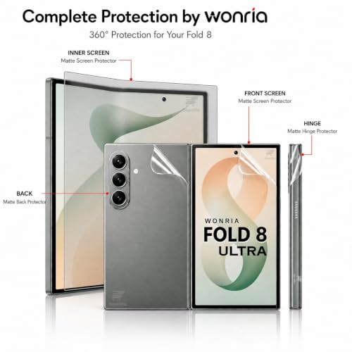 Image of WonRia Set of 4 - Matte Screen Guard Protector Compatible with Samsung Z Fold 8 Ultra 5G Unbreakable Matte Membrane | Front + Back + Inner + Hinge | 360 TPU Film | Installation Kit