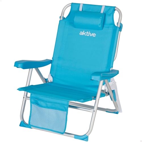 Aktive 53983 - Silla Plegable De Playa, Silla Con Cojín, Silla Plegable Tipo Mochila, Respaldo Reclinable, Con Dos Bolsillos, , Color Azul Pastel, Aktive Beach