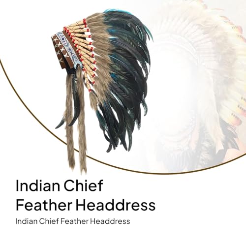 Colaxi Indian Artificial Feather Headdress, American Chief Indian Native Hat, Indian Headwear for Men and Women, Cosplay Costume Accessories for Festival Carnival Dressing up Masquerade Party, B