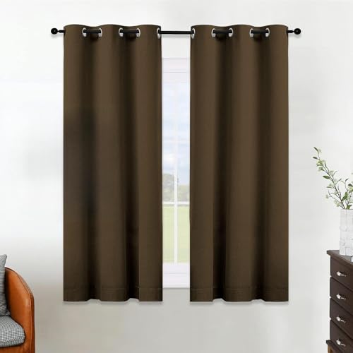 ALLJOY Linen Short Blackout Curtains 2 Panels, Thermal Insulated 100% Blackout Curtains for Bedroom, Room Darkening Curtains for Living Room Brown, Linen Textured Blackout Drapes, Grommet W42 by 45L