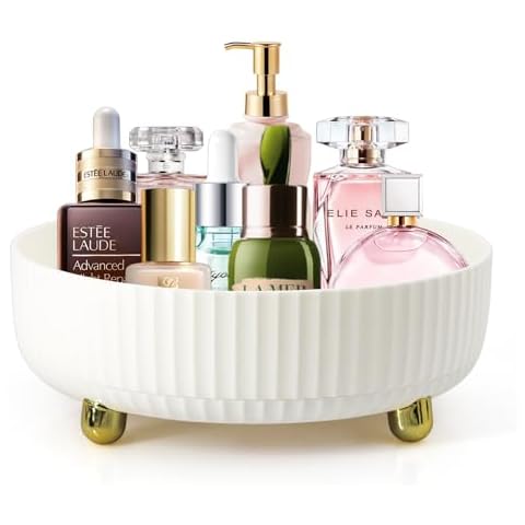 RUIQINQI Makeup Perfume Organizer, 360° Rotating Cosmetic Desk Storage Lotions Display Case Round Gift Tray with Large Capacity, for Vanity Decor,Bathroom Countertops,Desk Storage (Creamy White) Cover