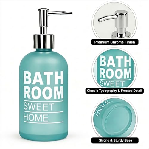 Image of Luxe Home International Bathroom Sweet Home Print Glass Soap Dispenser for Bathroom and Kitchen Sink Leak Proof Liquid Hand Wash Round Bottle Lightweight Smooth Finish (19.5x7.5 cm Aqua) Pack of 1