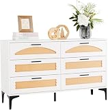 Mericonia 6 Drawer Double Dresser for Bedroom, Wood Rattan Dresser for Closet with Metal Legs, Boho TV Stand with Drawers, Dressers & Chests of Drawers for Bedroom, Hallway and Entryway, White