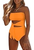 Viottiset Damen Bandeau Badeanzug Bauchweg Trägerloser Monokini Einteiler High Cut Waist Tie Badebekleidung Hellorange S