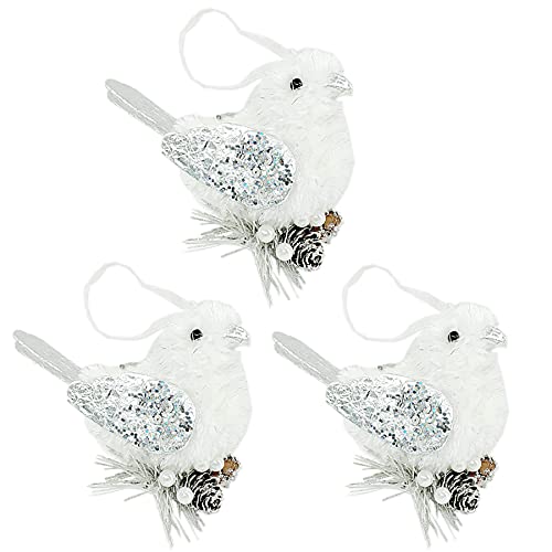 Nature Vibe Faux Fur White Silver Christmas Ornaments,Set of 3 Furry Birds with Pinecone as Christmas Tree Decorations,Woodland Animals Figurines as Winter Decor