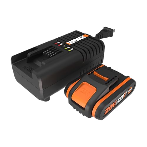 WORX Kit de Démarrage Pack Batterie Lithium 20V et Chargeur Rapide WA3601, Batterie de 2Ah, Charge en Une Heure Votre Outil, Compatible avec Tous Les Outils...