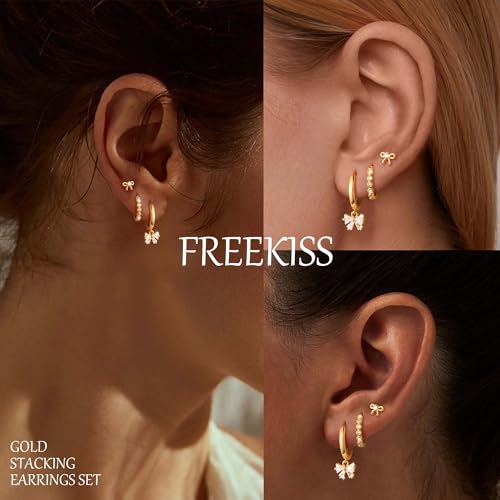 Image of Freekiss 3 Pairs Gold Hoop Earrings Set: Dainty Stud Earrings Trendy Small 14K Gold Plated Hypoallergenic Dangle Cartilage Huggie Hoop Earrings for Women Gold Jewelry for Women Gifts