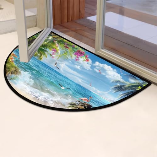 Image of Half Round Doormat Summer Flamingo Bird Flowers Non Slip Half Circle Area Rugs Indoor Washable Half Moon Rug Semi Circle Bathroom Runner Mat Entrance Floor Carpet for Kithen Bedroom Fireplace Decor