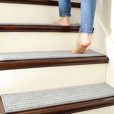 COSY HOMEER Edging Soft Stair Treads Non-Slip Carpet Mat 28inX9in Indoor Stair Runners Mat for Wooden Steps,Edging Stair Rugs for Kids and Dogs, 100% Polyester TPE Backing 15pcs,Grey Cover