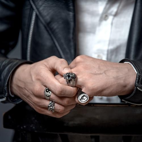 EIELO Vintage Silver Punk Rings Set for Men Cool Gothic Alt Chunky Rings Bulk Skull Snake Stackable Hippie Knuckle Bulky Rings Pack3