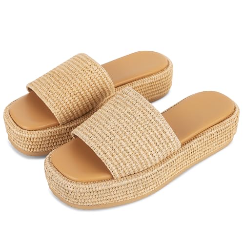 EQAUDES Platform Wedge Espadrille Sandals for Women Summer Beach Outdoor Straw Raffia Sandal Comfortable Brown Vacation Sandals for Women