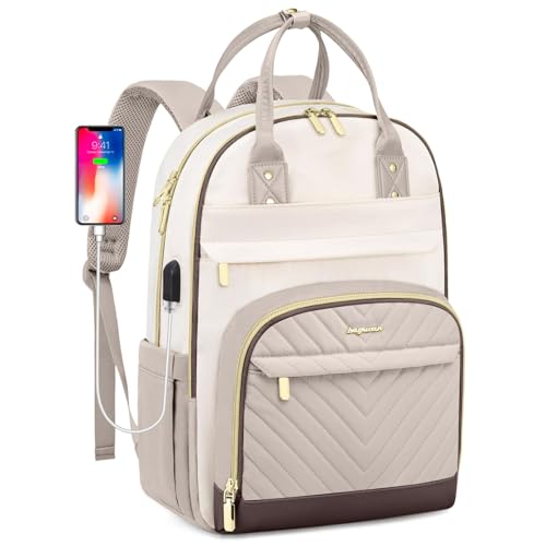 Laptop Backpack for Women Work Bag - 15.6 inch Travel Backpack Purse with USB Charger College Bookbag Waterproof Cute Casual Daypack Fashion Business Computer Backpacks for Teacher Nurse Beige Nude