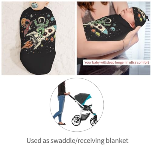Image of Cute Astronaut and Alien Newborn Swaddle Blanket with Beanie Set Soft Baby Sleep Sack Stretch Adjustable Swaddle Wraps Receiving Blankets