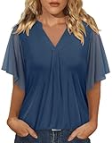 onlypuff Women 3/4 Sleeve Tops 2024 Trendy Swing Dressy Tops for Evening Wear V Neck Flowy Shirts Casual Chiffon Blouses Date Night Wear V Neck Tunic Navy