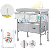 Orzbow Tragbarkeit Baby Wickelkommode mit Schubladen und Nachtlicht, Höhenverstellbare Mobiler Baby Wickeltisch Klappbar mit Sicherheitsgurt, Geräumiger Stauraum Baby Changing Table, Grau