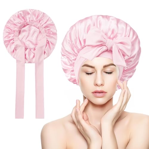 Kzouenzu Bonnets en Soie pour Dormir, Bonnet en Satin, Large Bande Ajustable pour Attacher À La Tête pour Cheveux Naturels Bouclés, Bonnet Satin Cheveux...