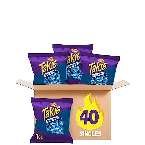 Takis Blue Heat Rolled Spicy Tortilla Chips, Hot Chili Pepper Flavored, Multipack Box With 40 Individual Bags, 1 Ounce Each #TOP10