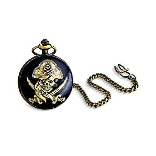 Personalize IT Goth Punk Rock Biker Jewelry Caribbean Pirate Skull Crossbones Skeleton Pocket Watch for Men Two Tone Matt Antique Brass Finish Black Dial with Long Pocket Chain Custom Engraved