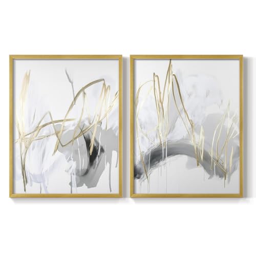 Renditions Gallery Set of 2 Peel & Stick Framed Prints, Abstract Wall Art, Gold Lines on Gray Brushstrokes Wall Decor, Re-Stickable - Ready to Hang - 11"x14" - Gold Frame LT608