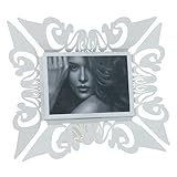 Arti & Mestieri Cornice portafoto decorata orizzontale Vanity di design 100% Made in Italy, in Ferro, 29 x 26H (17 x 13H) cm (Bianco marmo)