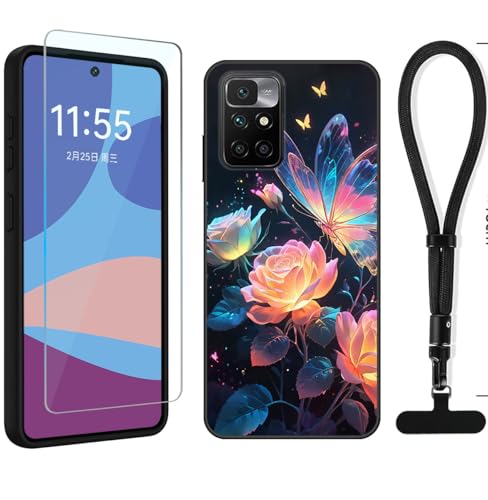YonderYM Funda Compatible con Xiaomi Redmi 10, con 1 Piezas Cristal Templado & Cuerda Colgar Antigolpes,Anti-Arañazos Case Flor y Mariposa