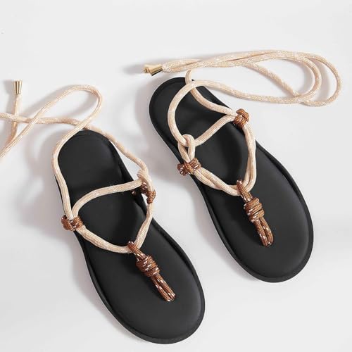 Image of ZJGZF Rope Flip Flop Sandals for Women Thong Sandals Adjustable T Straps Comfortable Soft Flat Sandals