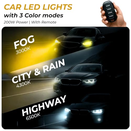 Image of WOODMAN 200W 3in1 H8 Car LED Headlight Bulbs with 3 Color Modes (White /Warm White /Yellow) | 12000 Lumens | Plug & Play | 1 Year Replacement | Pack of 2 with Remote (200W, H8)