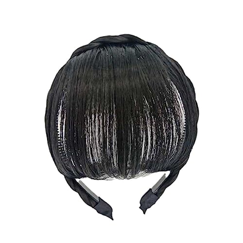 Jowxsx 100% Black Human Hair Extensions Medium Black Clip on Fringe Bangs with nice net Natural Flat neat Bangs with Temples for women One Piece Hairpiece