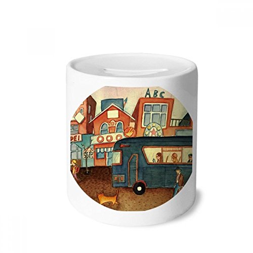 Tirelire en céramique chat aquarelle Ville Bus pour enfants et adultes 9cm