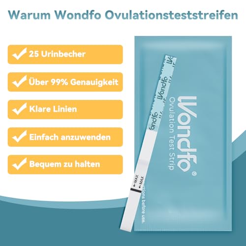 Wondfo Ovulationstest 25 Kinderwunsch Fruchtbarkeitstest für Frauen 25 miu inkl. 25 Urinbecher Eisprung Test mit Aufzeichnungskarte, Leicht Abzulesen