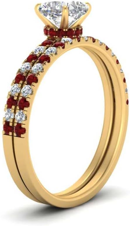 Hidden Halo Half Way Wedding Ring Set Yellow Gold Plated Created Ruby Cushion Shape Red Color Wedding Ring Sets Prong Setting in Size 8 Party Wear Daily Wear Ornament
