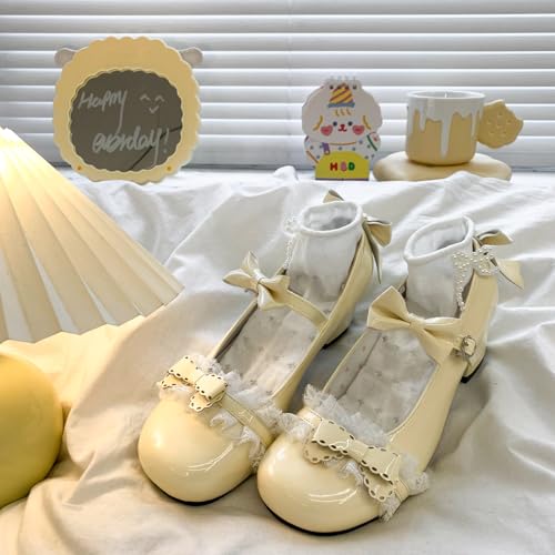 ZQW Women's Cute Mary Jane Leather Shoes Kawaii Bow Round-Toe Low Block Heel Pumps JK Cosplay Costume Casual All-Day Comfort4