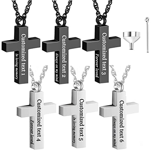 Cremation Cross urn Necklace for Ashes - Set of 6- Stainless Steel Cross Urn Pendant Ashes Holder Memorial Jewelry for Human/Pet -in Loving Memory (6pcs Cross - Customized)