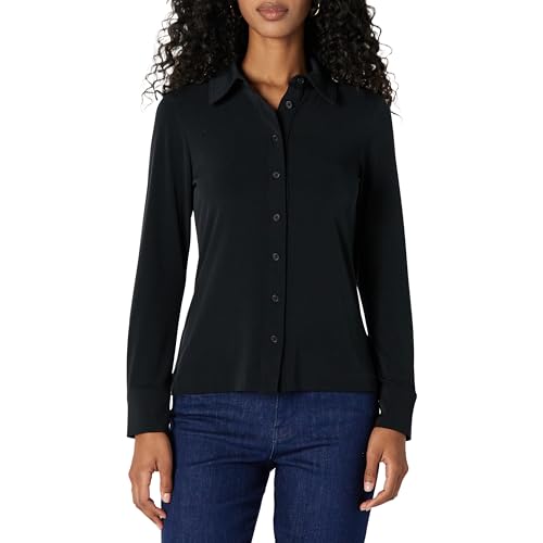 Amazon Essentials Womens Regular-Fit Matte Jersey Button-Down Shirt, Black, Large