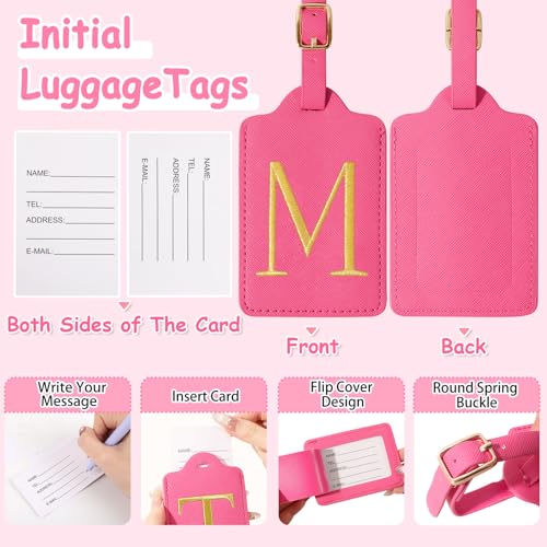 Image of Personalized Initial Luggage Tags for Suitcases, Cute PU Leather Embroidered Letter Travel Luggage Tags, Suitcase Identifier Name Baggage Tag, Bag Tags for Men Women Kids Luggage Handbags(Rosered M)