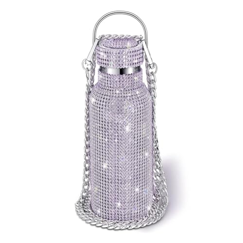 Swiixxer Botella de agua de acero inoxidable diamante portátil con lentejuelas botella de agua de diamantes de imitación cuerpo crossbody botella termo Bling 600 Ml, F