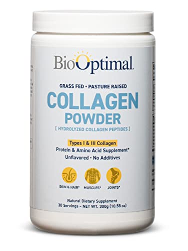 BioOptimal Collagen Powder, Promotes Hair, Nail, Skin, Bone and Joint Health, Collagen Peptides, Grass Fed, Non-GMO, Zero Sugar, Unflavored, Pasture Raised, Dissolves Easily, 300 Grams