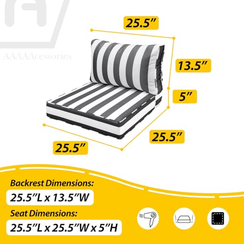 Image of AAAAAcessories Outdoor Seat Cushions for Chairs, Fade-Resistant, Waterproof Patio Furniture Replacement Cushions, 25.5 inch x 25.5 inch x 5 inch + 25.5 inch x 13.5 inch, Gray Cabana Stripe