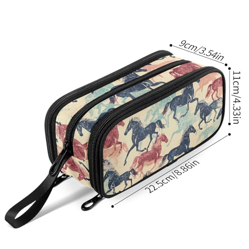 Image of Fustylead Retro Colorful Running Horse Silhouette Large Pencil Pen Case Stationery Bag 3 Compartments School College Office Organizer