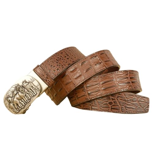 Men's Crocodile Pattern Leather Ratchet Dress Belt With Engraved Silver Animal Automatic Buckle, Adjustable