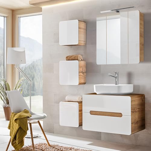 Lomadox Badmöbel Set, Hochglanz weiß mit Wotan Eiche Nb., Keramik Waschtisch mit 80 cm Unterschrank, LED-Spiegelschrank, 3 Hängeschränke