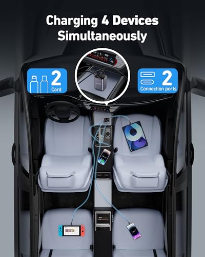 4 in 1 Retractable Car Charger, 4-in-1 Fast Car Phone Charger with 2 Retractable Cables 2.5FT and 2 USB Ports Compatible with i Phone 15/14/13/12/11 Pro Max/XR/XS,Galaxy,Pixel,iPad/iPod