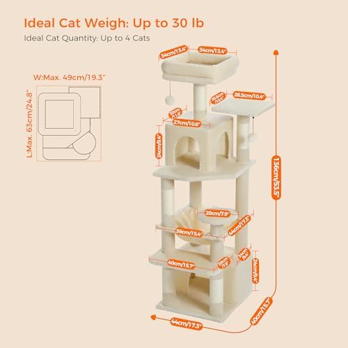 PAWZ Road Cat Tree, 53.5 Inches Tall Cat Tower with Spacious Hammocks, Condos and Scratching Posts, Cat House with Dual Padded Perches for Indoor Large Cats-Beige - 5