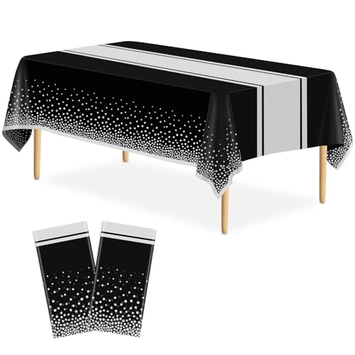 Image of 2 Pack Black and Silver Tablecloth Party Decorations Plastic Black Tablecloth Printed Silver Table Runner 54 x108 Inch Disposable Rectangle Table Cover for Birthday Wedding Graduation