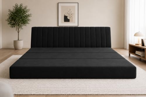 Image of Three Seater Sofa Bed, Velvet Fabric Foldable Sofa Cum Bed with Soft Foam Cushioning, Convertible Floor Couch for Living Room, Guest Room & Home Use (Black, Pre-Assembled)