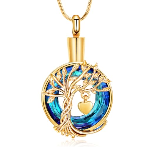 Rstnxnnl Árbol de la Vida Cremación Joyería Urna Collares con Mini Corazón para Cenizas Colgante Memorial para Mujeres Regalos con Kit de embudo y bolso(Oro+Azul)
