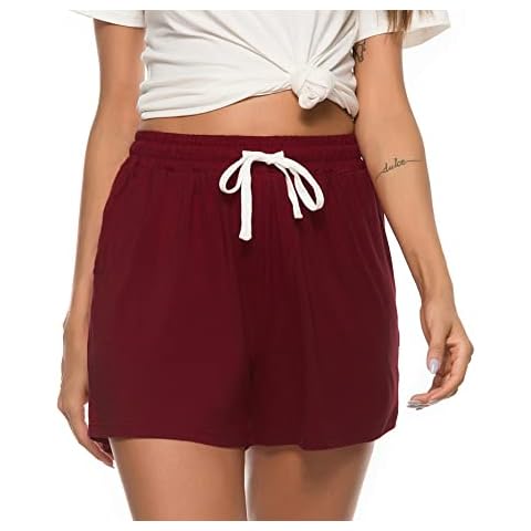 Vlazom Women's Pajama Shorts, Super Soft Pj's Bottoms Stylish Lounge Shorts for Sleep Gym Running with Drawstring Pockets,A-Wine Red,M Cover