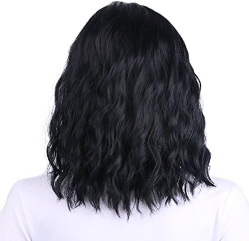 BERON Short Curly Center Parted Wigs for Black Women Natural Beach Wave Wigs Come with Wig Cap (Black)